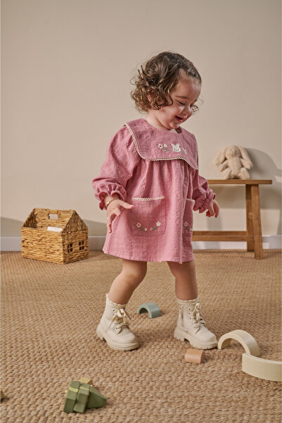 Minipodyum Embroidered Pocketed Peter Pan Collar Linen Baby Girl Dress