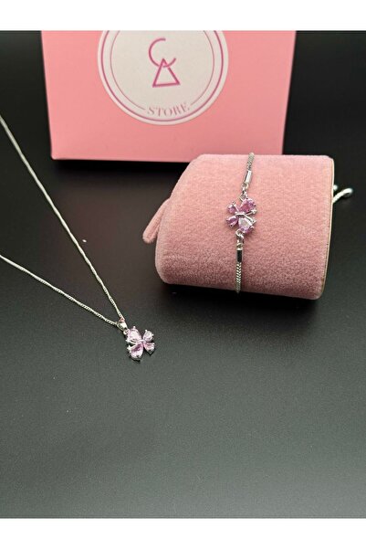 Alsem 925 Gümüş ve Pembe Kelebekli Kolye ve Bileklik Seti , Sevgililer Günü Hediyesi