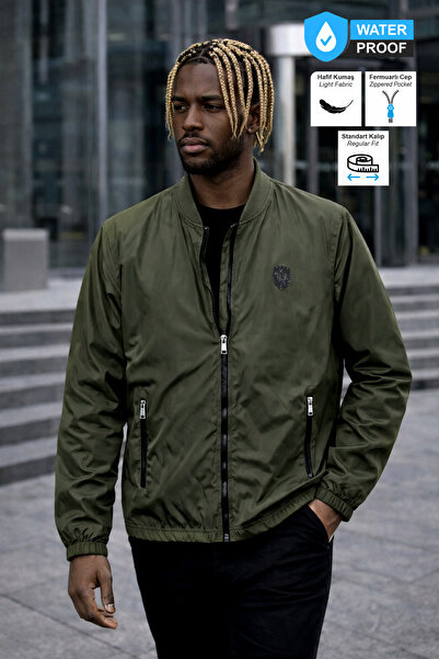 BESSA Khaki Waterproof College Collar Regular Fit Zippered Pocket Lined Transitional Men's Coat