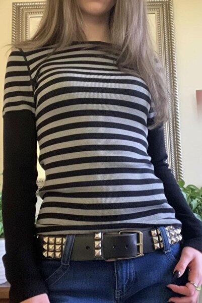 Karakedi Black Gray Striped Grunge Black Y2K Long Sleeve Crop