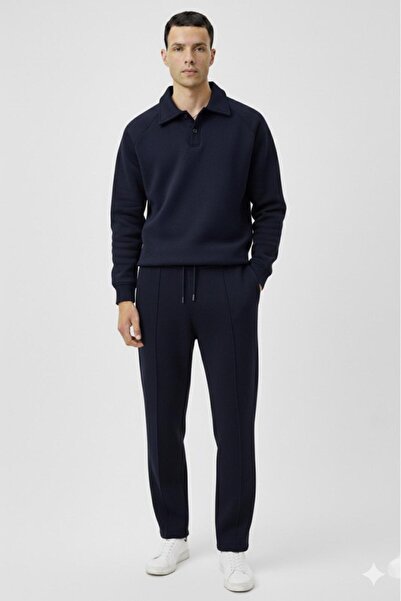 CAST COLLECTİON Men's Navy Blue Raglan Sleeve Roberto Buttoned Sweat Wide Leg Green Tracksuit Bottom and Top Set