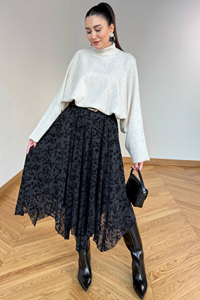 Cappmoda ETK-1286 Siyah Flok Baskı Desenli Astarlı Midi Etek