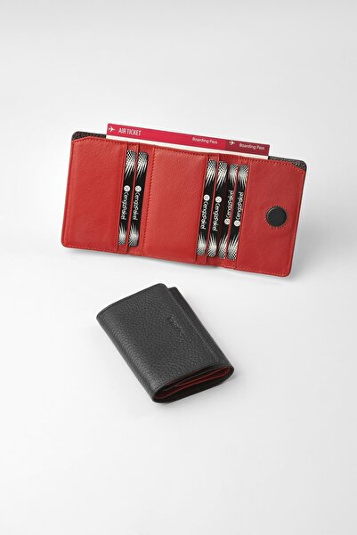 CENGİZ PAKEL Genuine Leather Unisex Wallet with Hidden Magnet Detail - 13708 - Black/Red