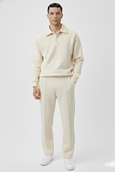 CAST COLLECTİON Men's Beige Raglan Sleeve Roberto Buttoned Sweat Wide Leg Green Tracksuit Bottom and Top Set