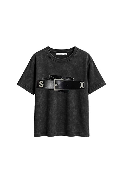 Bak Moda Hot Belt cu imprimeu croi relaxat Lavabil Negru Femei tricou