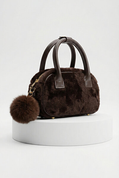 Cappmoda ÇNT-3046 Acı Kahve Peluş Ponponlu El ve Omuz Çantası