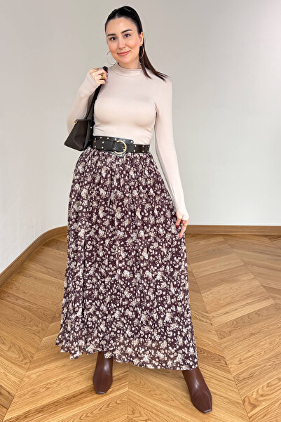 Cappmoda ETK-02347 Kahverengi Kemerli Çiçek Desenli Maxi Tül Etek