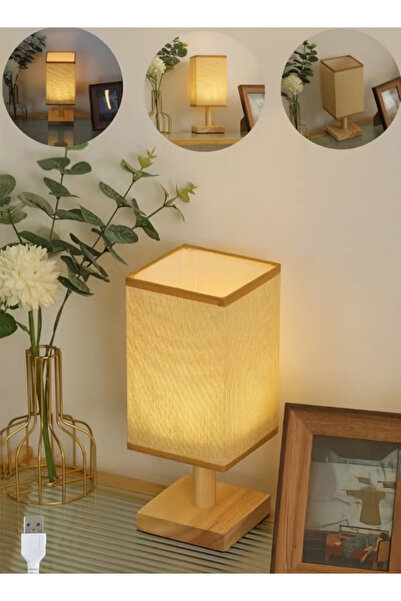 Generic مصباح طاولة بجانب السرير، ضوء ليلي يعمل بمنفذ USB، مصباح خشبي، قاعدة خشبية مع غطاء قماشي، مريح للعين