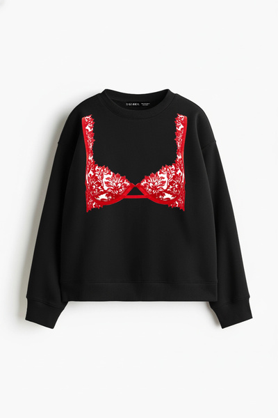 Bak Moda Red Bra cu imprimeu fără glugă croi relaxat femei negru Swea tricou