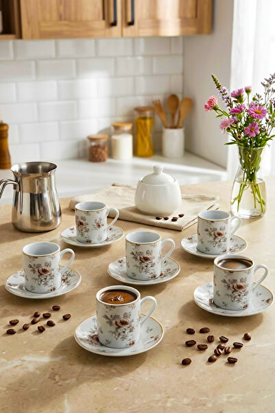 Porsima Altın Yaldızlı Porselen 6 Kişilik Fincan Seti 12 Parça Türk Kahvesi F...