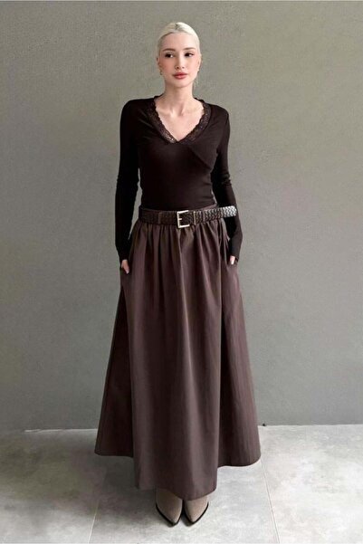 Seeh Brown Belted Long Women's Skirt Sh337