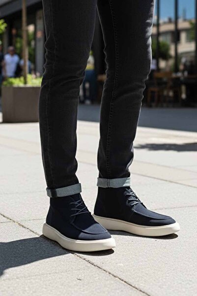 Lufian Men's Khaki Leather Boots Navy Blue