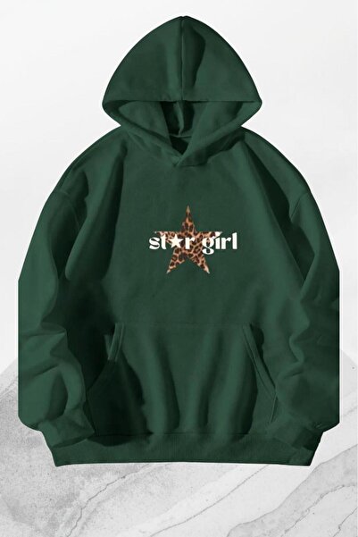 NO 601 Women's Green Leopard Stargirl Printed Hooded Sweatshirt