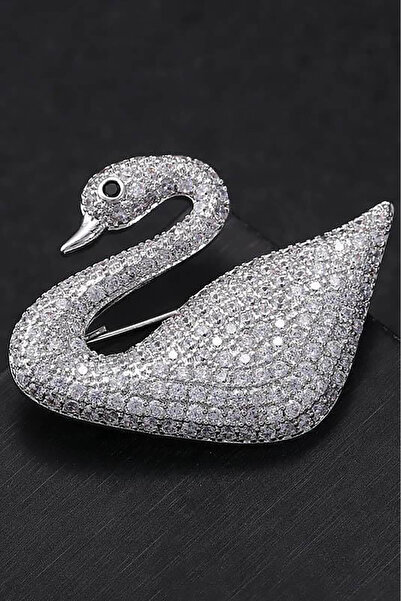 TAKIŞTIR Gümüş Renk Kuğu Figürlü Taş Detaylı Broş