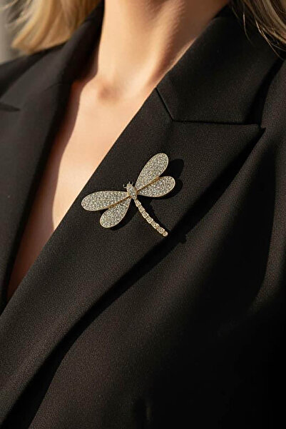 TAKIŞTIR Altın Renk Yusufçuk Figürlü Taş Detaylı Broş