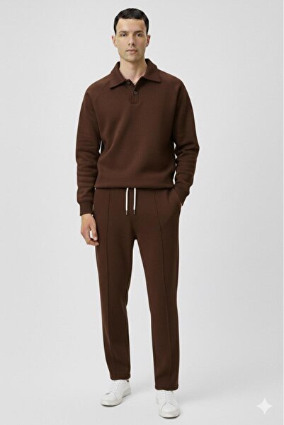 CAST COLLECTİON Men's Brown Raglan Sleeve Roberto Buttoned Sweat Wide Leg Green Tracksuit Bottom and Top Set