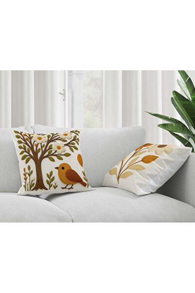 Şah Dekor Punch Embroidery Patterned Digital Printed Coffee Green Orange Autumn Themed 2-Piece Throw Pillow Cover