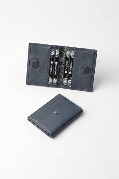 CENGİZ PAKEL Genuine Leather Unisex Card Holder with Hidden Magnet Detail - 2520 - Navy Blue