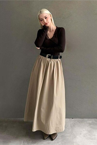 Seeh Beige Belted Long Women's Skirt Sh337