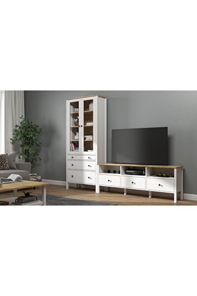 Sakura Ahşap Hunerika HELEN SET 4 tv ünitesi-vitrin/büfe takımı -Wood Beyaz-M...