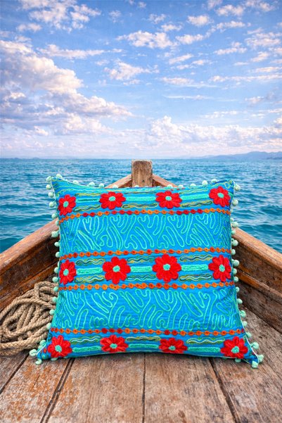 Miss Boheme Blue Color Sea Bloom Embroidered Pompom Bohemian Pillow Case 40Cm...