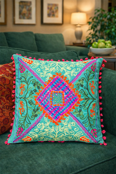 Miss Boheme Turquoise Color Gypsy Diamond Embroidered Pompom Bohemian Pillow ...