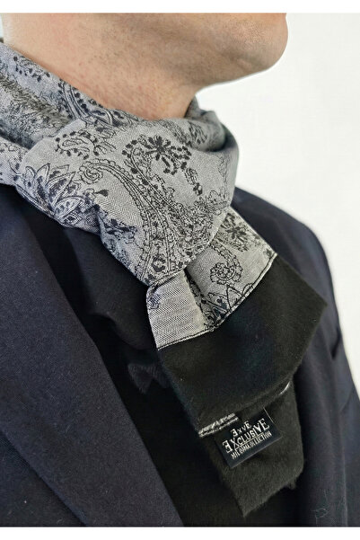 Exve Exclusive Gray Black Shawl Patterned Soft Touch Double Sided Scarf Men's Shawl Ribbed Knit