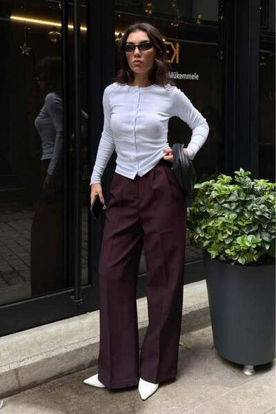 Seeh Burgundy Wide Leg Women's Fabric Trousers Sh341