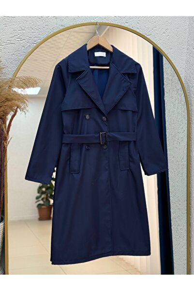 MİHRA STORE Nuruna Kemerli Düğmeli Trenç-KN1032 Lacivert