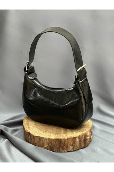 BENAHOLL Geantă de damă Ziba cu suprafață strălucitoare, cu curea groasă, geantă baguette-DN112 negru