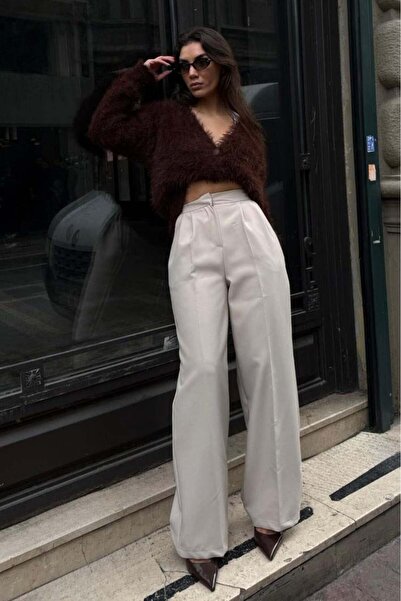 Seeh Beige Wide Leg Women's Fabric Trousers Sh341