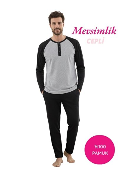 bie's Men's Black 3 Button 100% Cotton Transitional Long Sleeve Pajama Set with Pockets