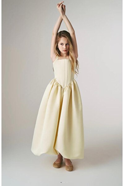 FKB FOR KIDS BABY Kız Çocuk Açık Sarı Renk Kare Yaka Balon Etekli Uzun Elbise