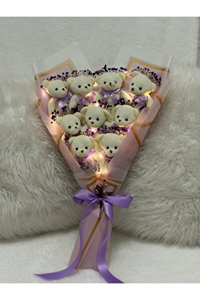 Salish Led Işıklı Teddy Bear 9’lu | Lila Peluş Ayıcık Buketi, Çiçek Detaylı |...