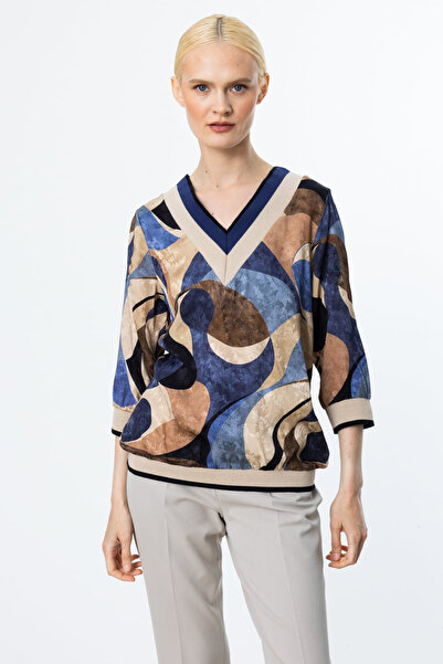 ON Women's Minimalist Blouse - V-Neck 3/4 Sleeve Geometric Pattern