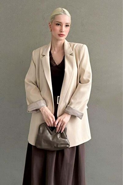 Seeh Beige Sleeve Patterned Blazer Women's Jacket Sh339