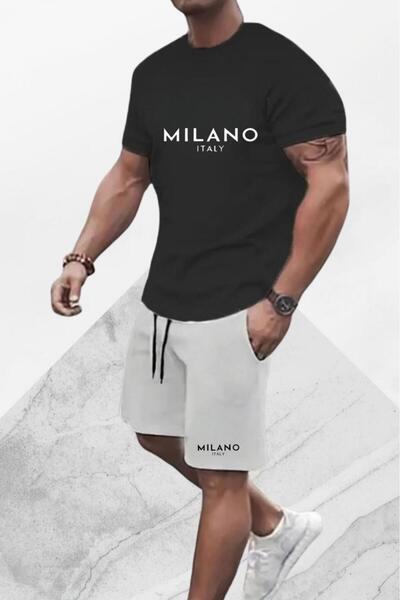 CAST COLLECTİON Ανδρικό Μαύρο Σετ Μπλουζάκι και Σορτς Milano Italy Oval σε Γκ...