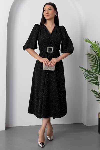 PULLIMM decolteu petrecut în V Rochie cu mânecă lungă cu cataramă cu strasuri DKS1368