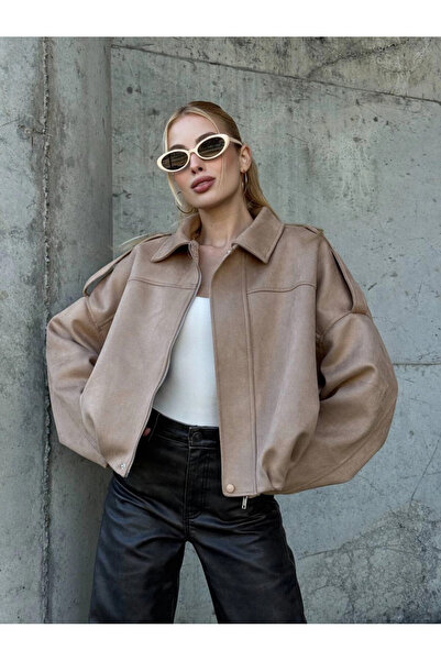 Cool & Sexy Women's Oversized Bomber Suede Coat Beige