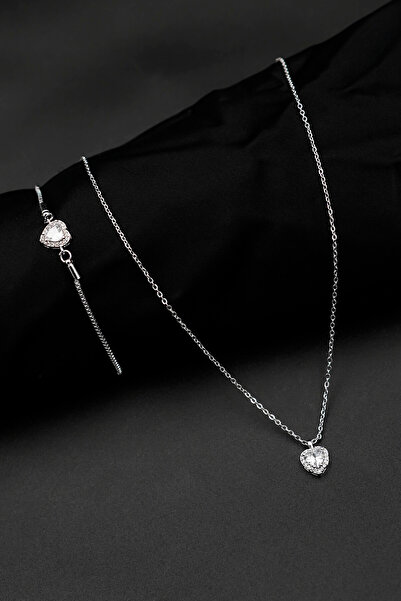 TREND COLLECTİON Zirkon Taşlı Kalp Charm Model Gümüş Renk Kadın Kolye Ve Bile...