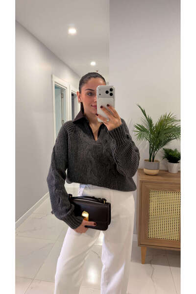 BİRCANÇİL Protte Anthracite Brown Collar Knitwear with Denim Detail