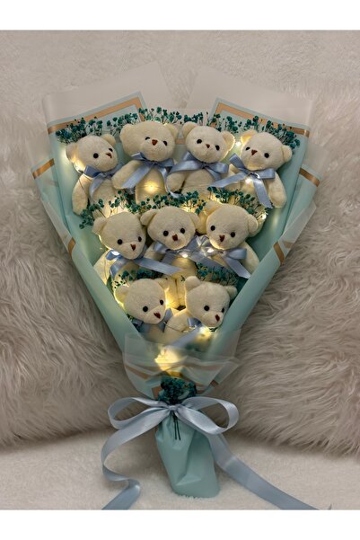 Salish Led Işıklı Teddy Bear 9’lu | Mavi Peluş Ayıcık Buketi, Çiçek Detaylı |...
