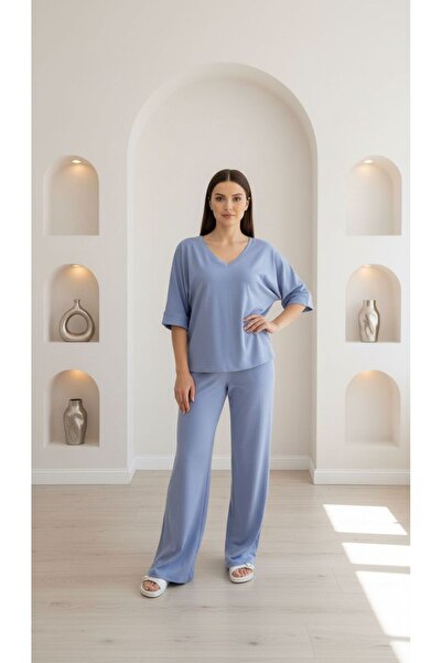 Enteks Bol Kesim V Yaka Yarım Kollu Pijama Takımı (BÜYÜK BEDEN)