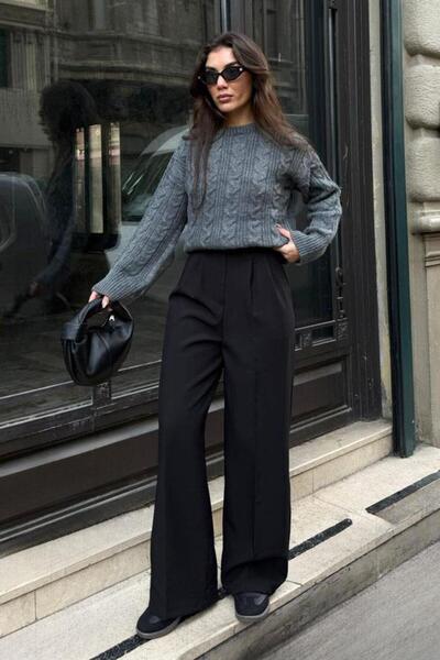 Seeh Pantaloni negri din material textil pentru femei cu picioare largi SH341