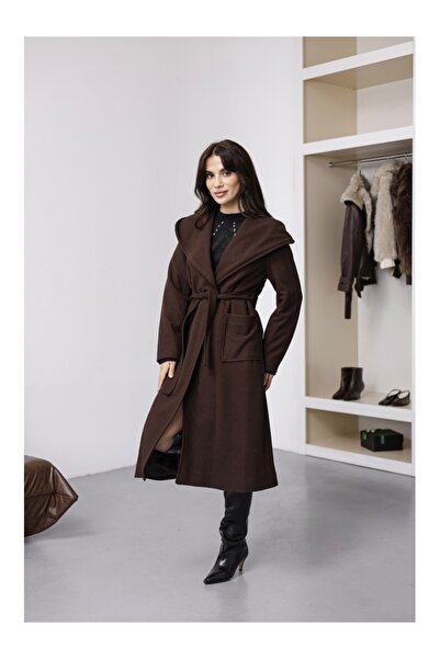 Elif Özbey Butik Kahverengi Kapşonlu Kaşe Kaban