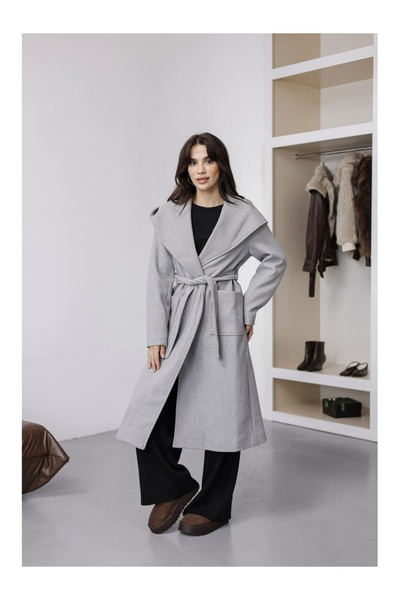 Elif Özbey Butik Gri Kapşonlu Kaşe Kaban