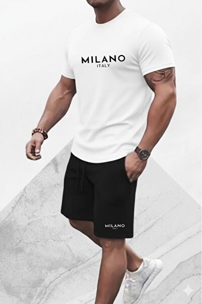 NO 601 Men's White Slim Fit Dar Milano Printed Tshirt Black Combed Cotton Shorts 2-Piece Set