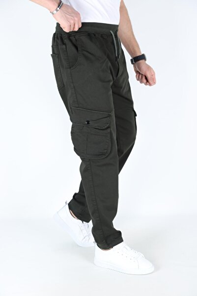 blayn jeans Men's Khaki Cargo Pocket Lycra Cargo Pocket Trousers with Elastic Waist