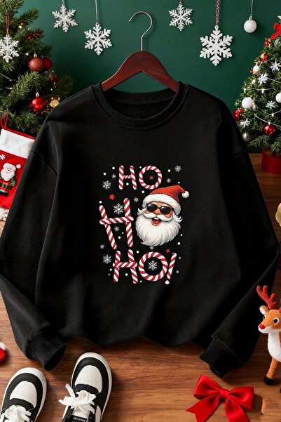 Trendseninle Siyah Ho Yılbaşı Baskılı Oversize Bisiklet Yaka Sweatshirt