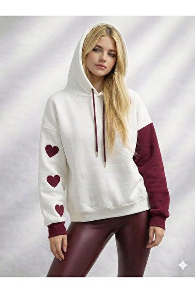 ribana Women's Hooded Three Thread Sh Fleece-Lined Double Color Sleeve Detailed Heart B Printed Soft Textured Cotton Inside Long